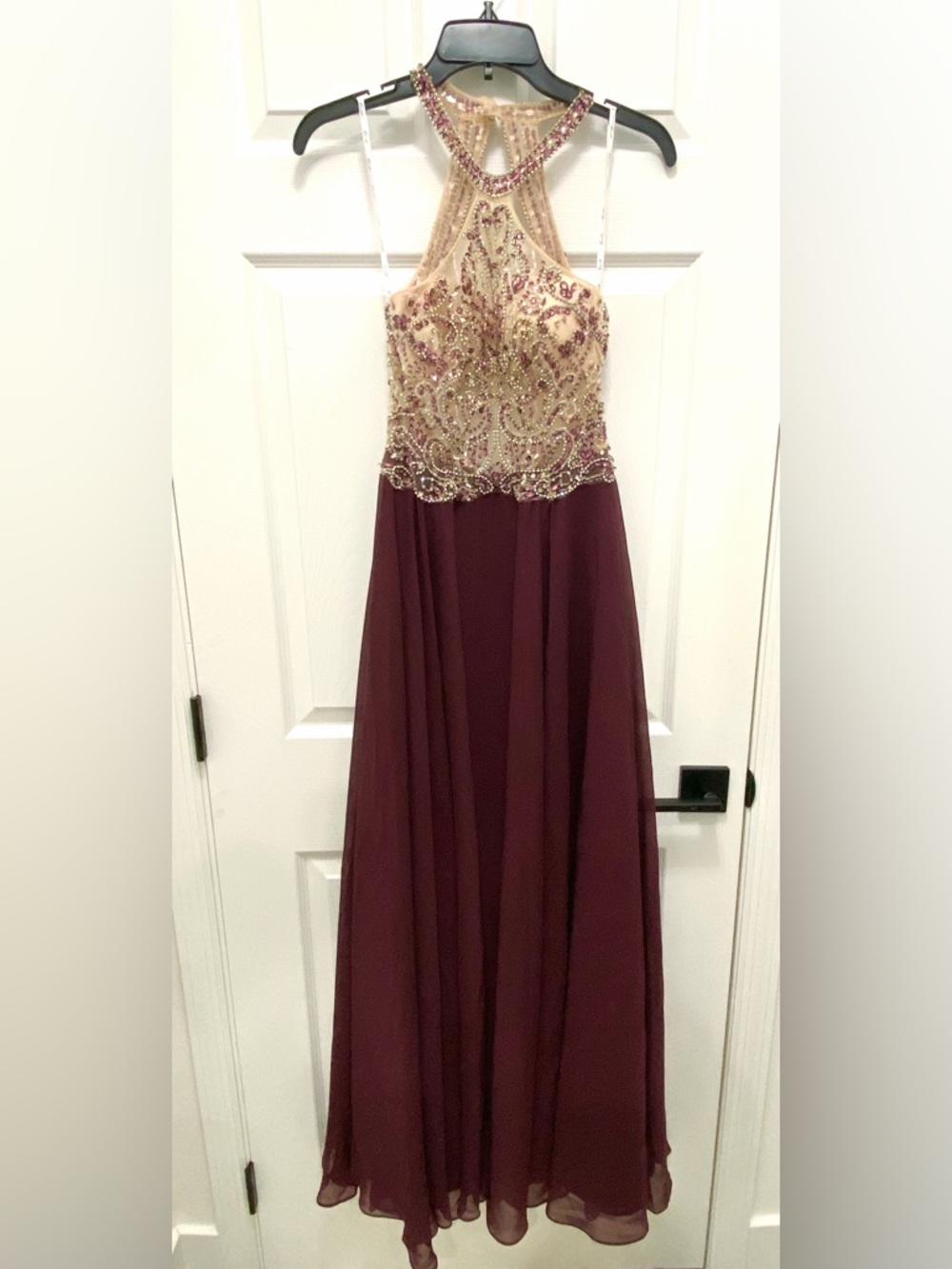 Camille La Vie Gold Beaded Bodice Wine Prom Dress